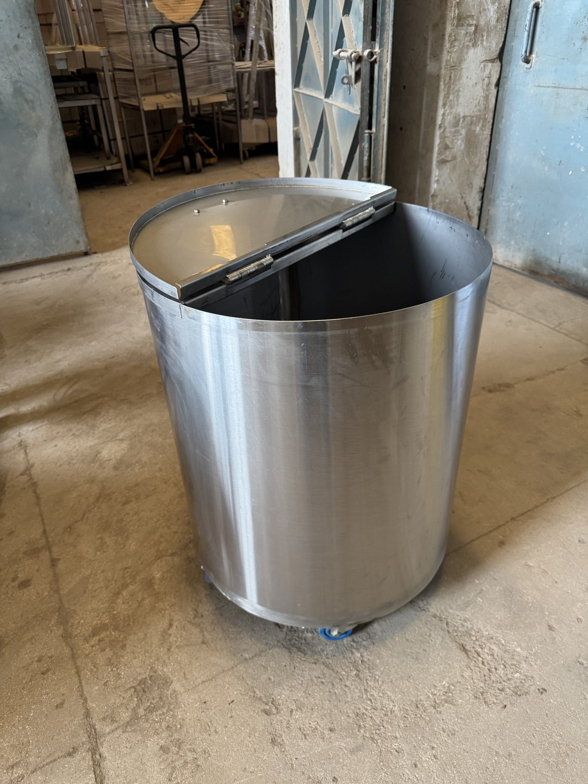 Stainless Steel Cylindrical Container – 25” Dia x 32” Height (with Half-Open Lid & Heavy-Duty Hinges) — photo 3 of 4