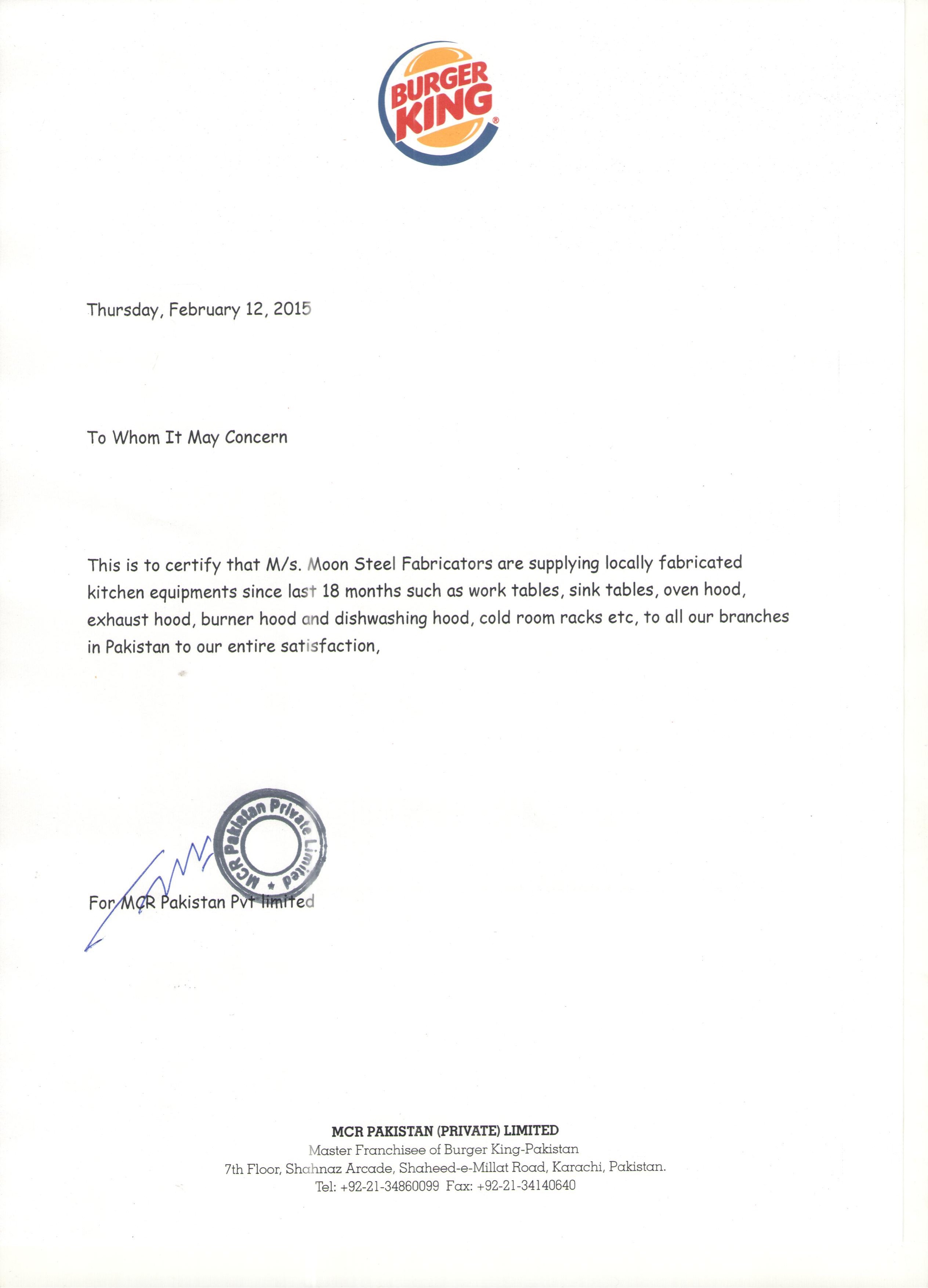 Burger King reference letter