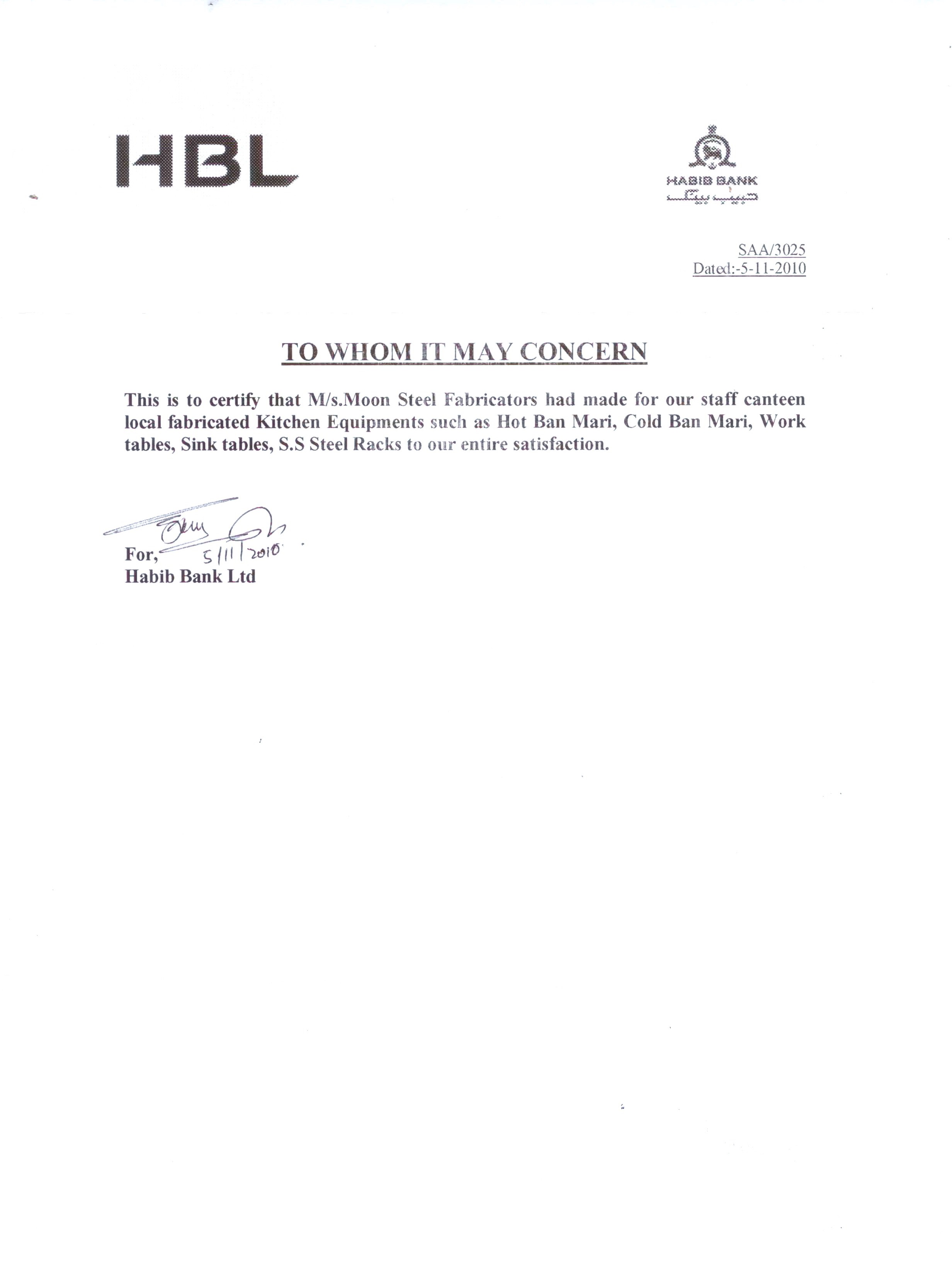 Habib Bank Ltd reference letter