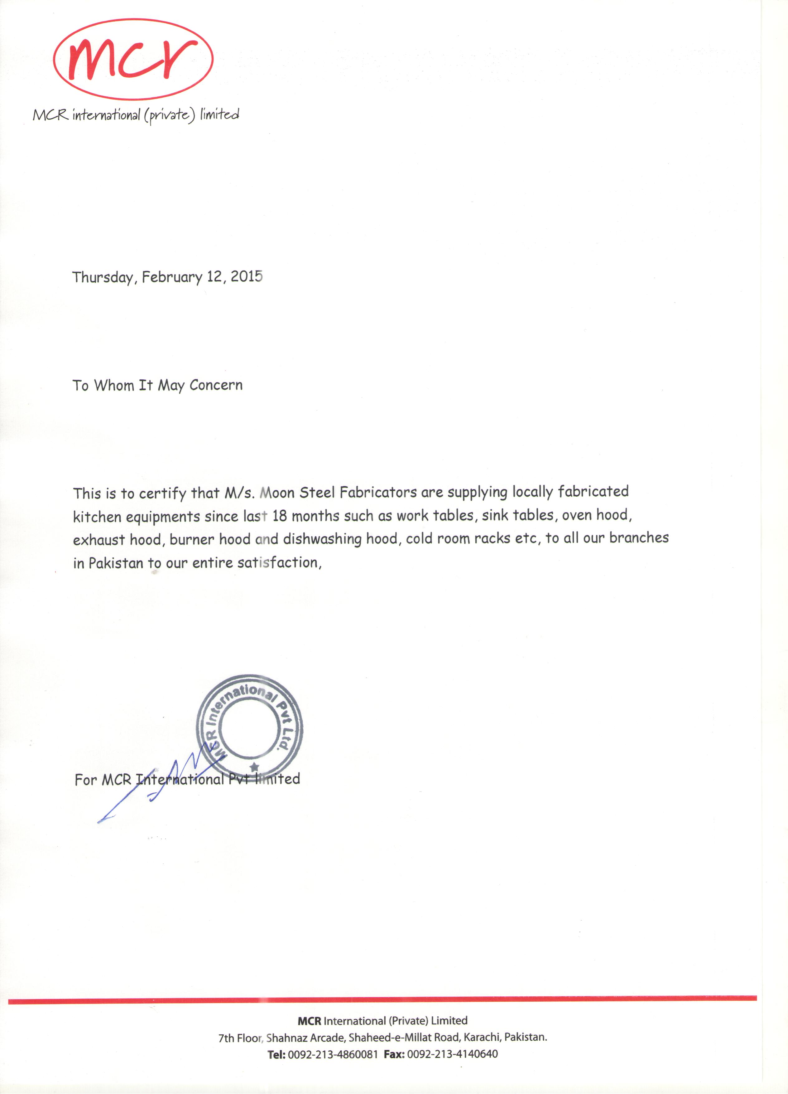 MCR (Pizza Hut Franchise) reference letter