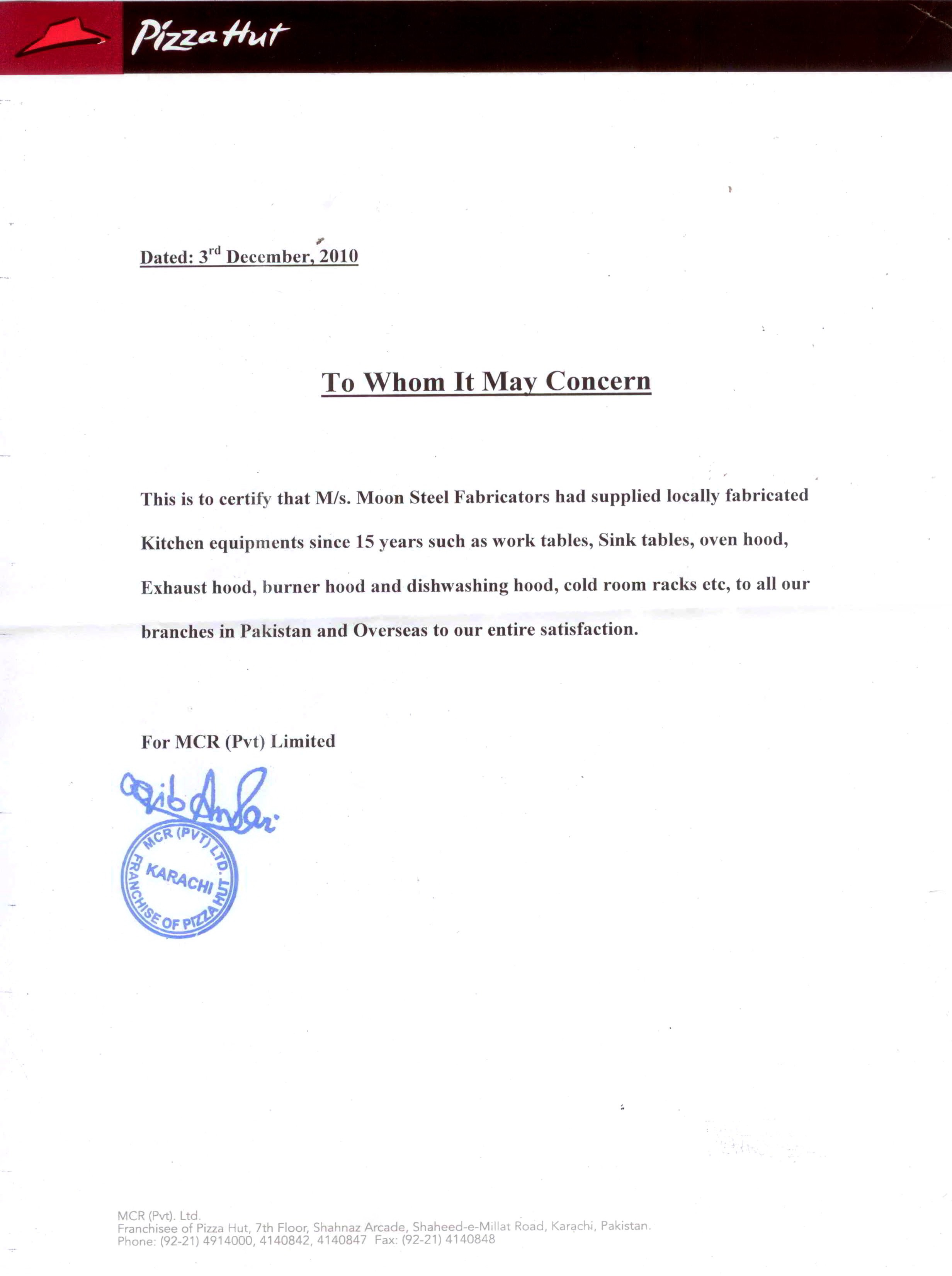 Pizza Hut (MCR Pvt Ltd) reference letter